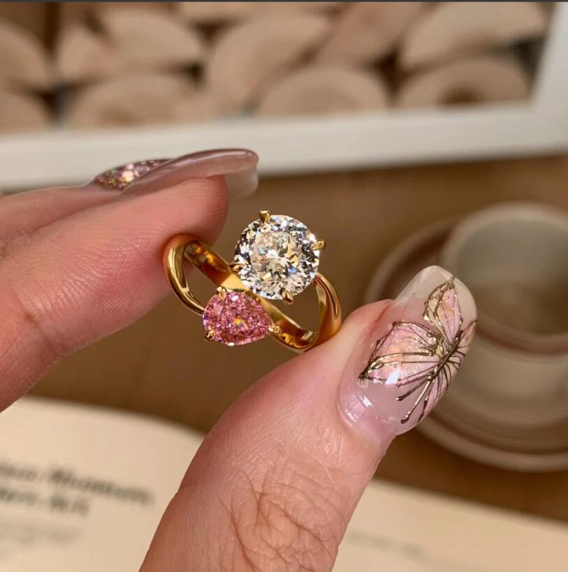 2024 Sweet Cute Ins Top Sell Wedding Rings: Gold Plated Water Drop Zircon 5A Adjustable Ring for Women