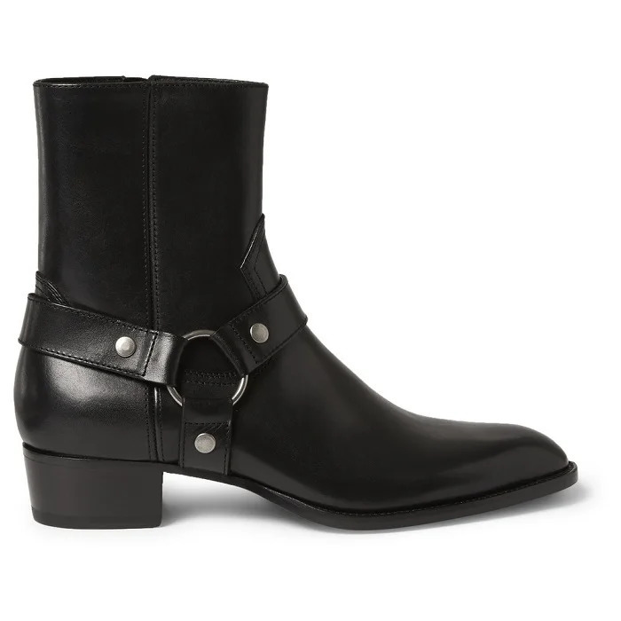 Suede Brown Leather Black Chains Harness Buckle Stacked Heel Anke Side Zip Men Fashion Boots Shoes 240615