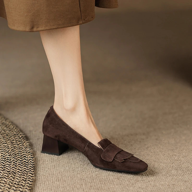 Spring Women Shoes Square Toe Square Heel Women Pumps Genuine Leather Shoes for Women Casual Retro Tassels Handemade Shoes 240615