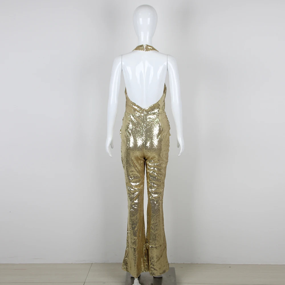 GORAFASHION Sequin Halter Bodycon Backless pants jumpsuits Slim Fit Sexy Elegant Sleeveless Evening Party Prom Dress 240615