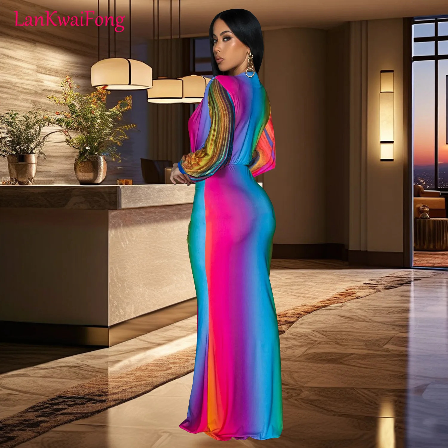 LKF Fashion Dinner Party Long Dress Womens Colorful Printed Waist Slim Fit Wrinkle Sleeve Evening Wholesale 240615