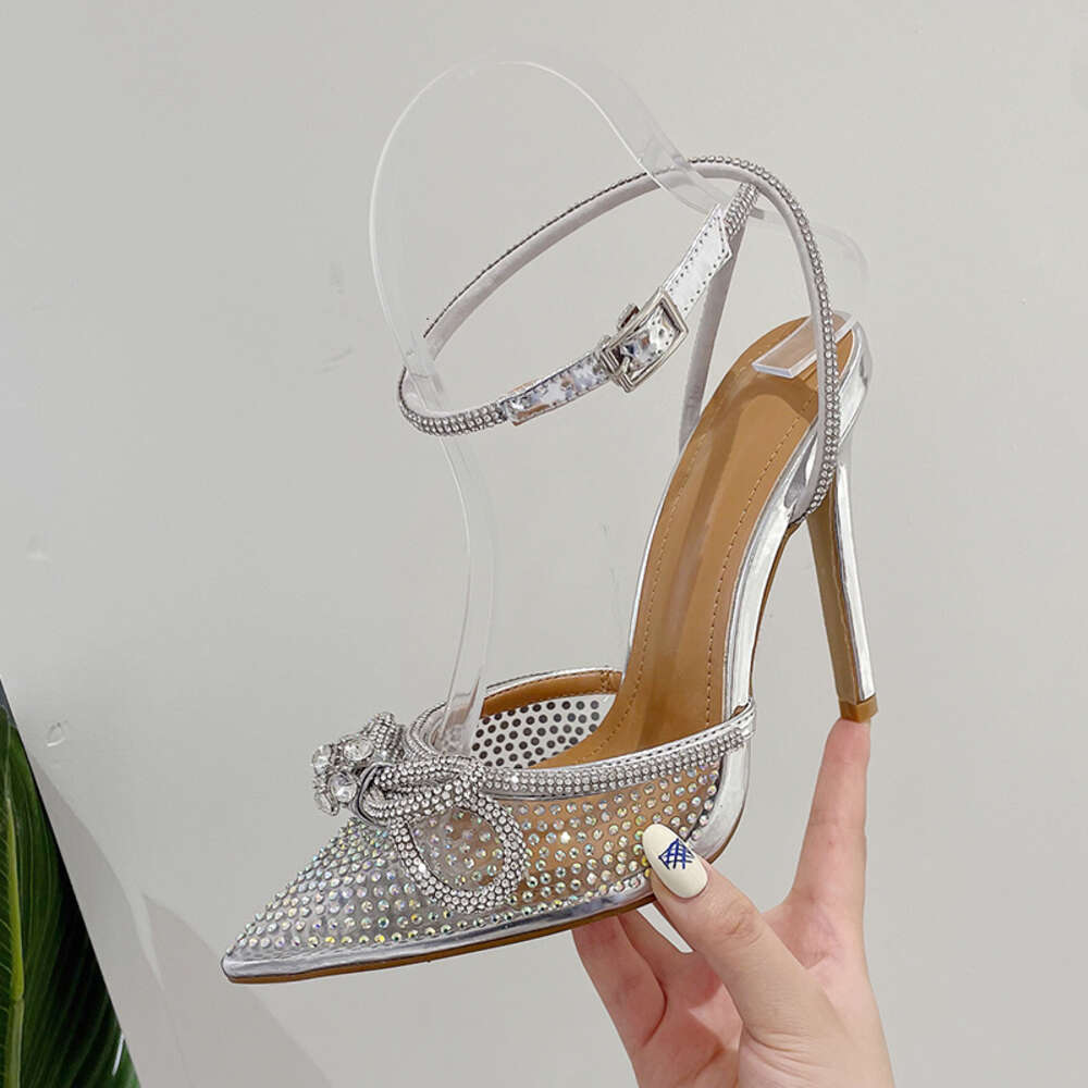 35-42 Sandals Heels Fashion Sier Butterfly-knot 2024 Narrow Band Bling Cross-tied Crystal Pointed Toe Pumps Women Shoes