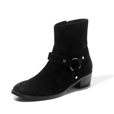 Suede Brown Leather Black Chains Harness Buckle Stacked Heel Anke Side Zip Men Fashion Boots Shoes 240615