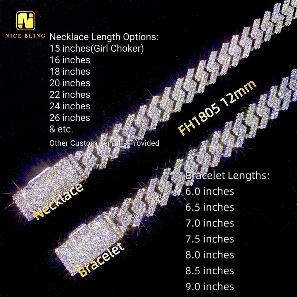 Ready Stocks 12Mm Pass Tester Monaco VVS Moissanite Diamond Gold Plated Necklace Bracelet Iced Out Cuban Chain