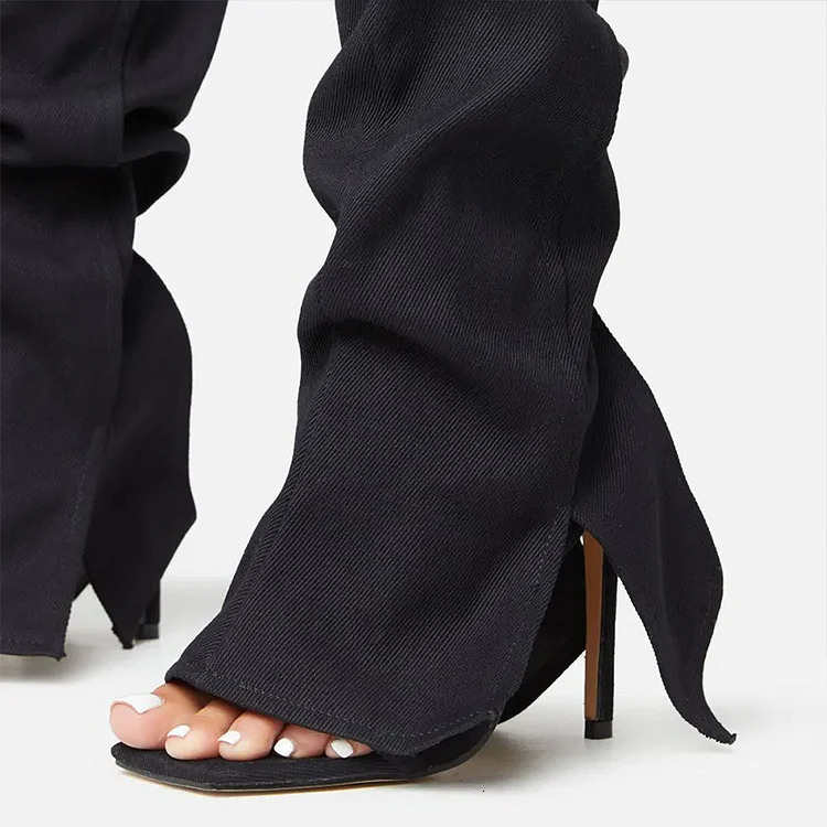 Black Folded Strap Boot Classic Square Toe Stiletto Heel Knee High Sandal Boots Summer Open Toe Cool Girl Party Casual Shoes 240615