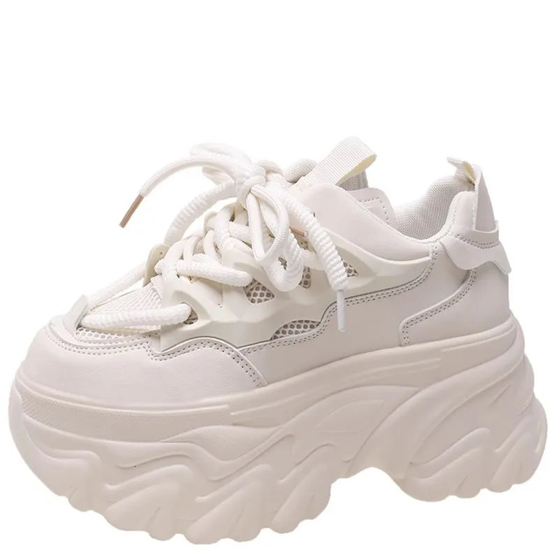 Hidden Heels White Chunky Sneakers Women Breathable Lace Up High Platform Shoes Woman Autumn Non-Slip Thick Bottom Sneakers 240615