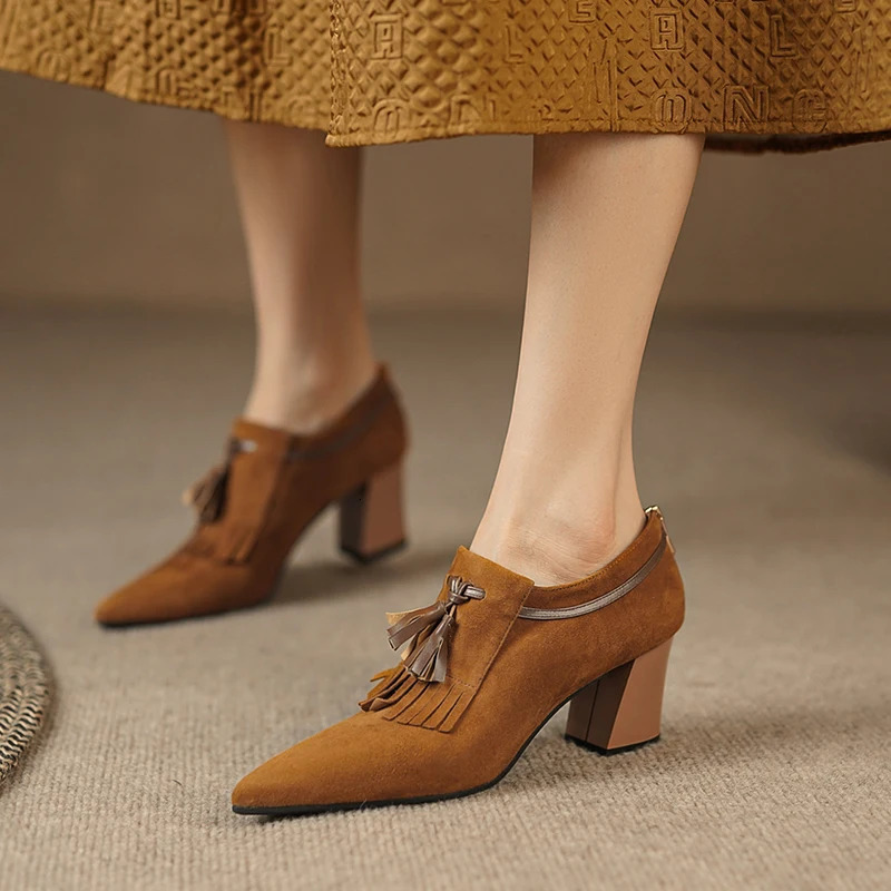 Spring Women Shoes Pointed Toe Chunky Heel Women Pumps Sheep Suede High Heels Belt Buckle Shoes for Women zapatos de mujer 240615