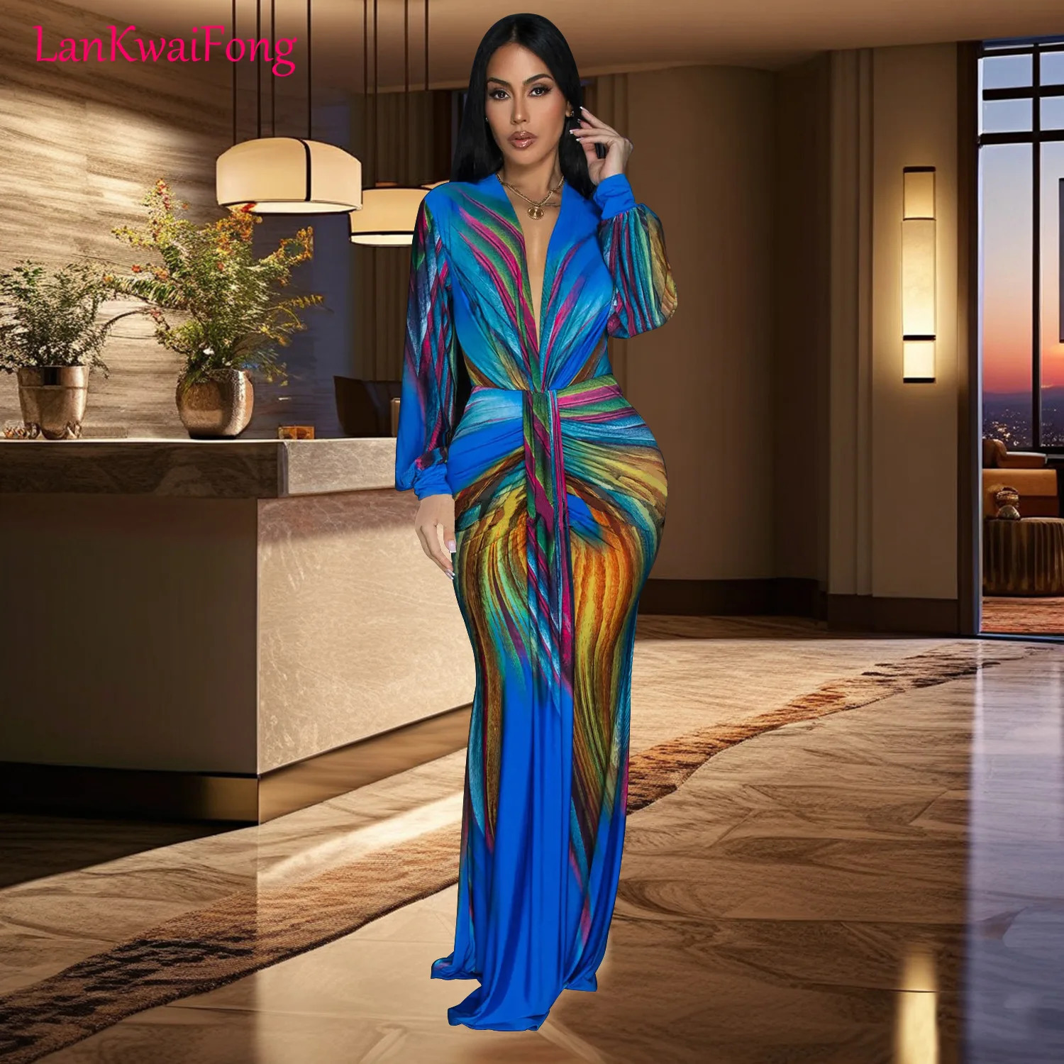 LKF Fashion Dinner Party Long Dress Womens Colorful Printed Waist Slim Fit Wrinkle Sleeve Evening Wholesale 240615