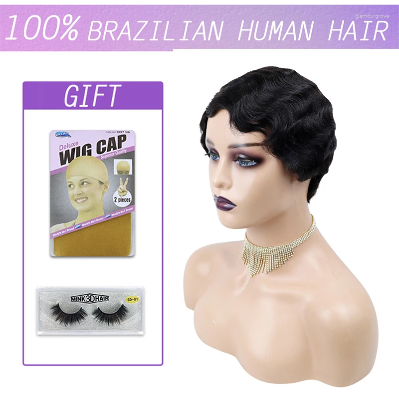 Short Human Hair For Black Women Hine Made Brazilian Finger Wave E Cut Natural Color Glueless 150%