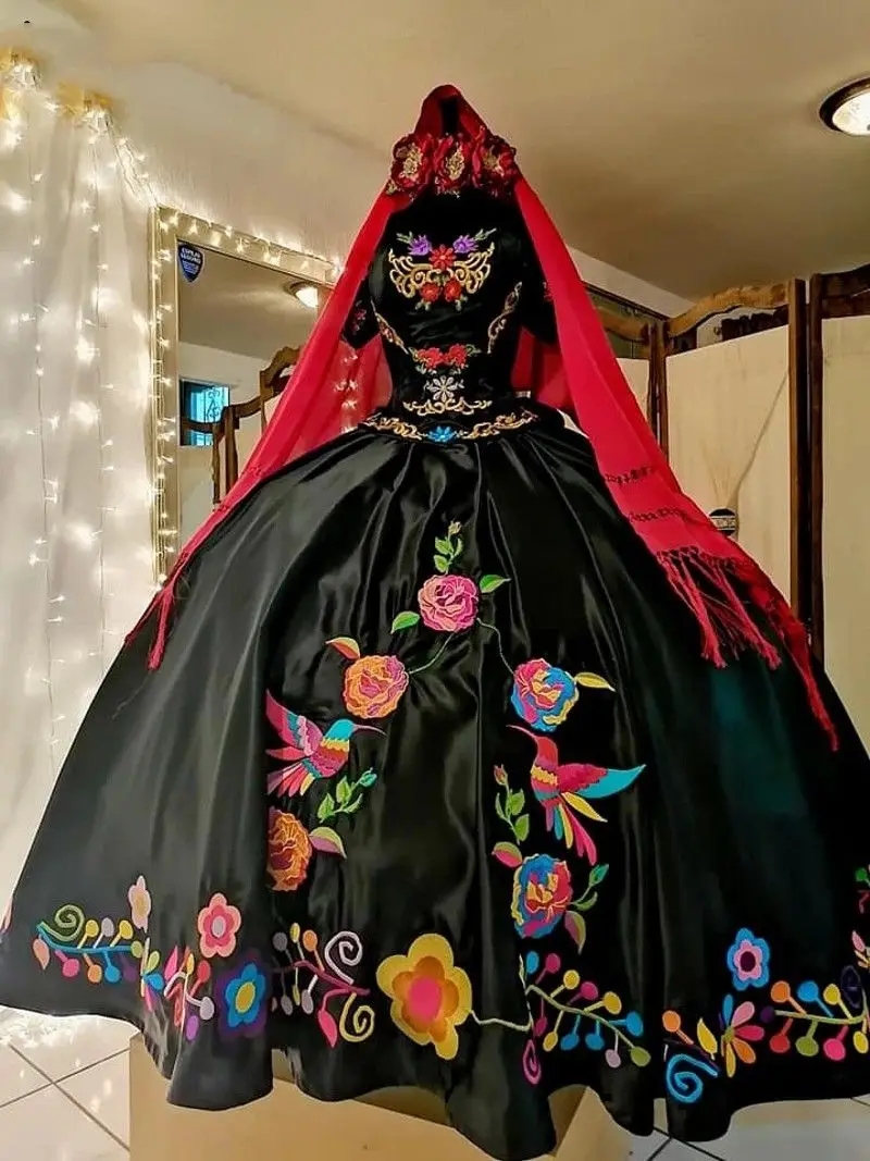Viage 2024 Black Charro Embroidery Quinceanera Dresses With Shawl Vestidos De 15 Anos Lace-Up Corset Sweet 16 XV Prom Gowns