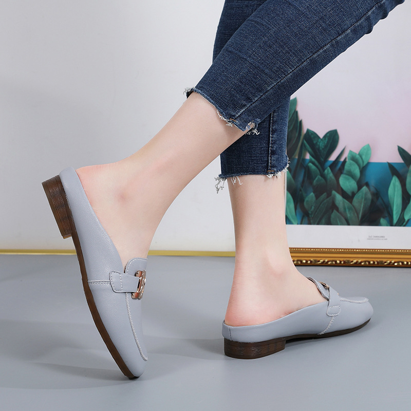 Boken semi-drag leather beef tendon soft sole flat Mles Bao head slipper loafers women dh910320090