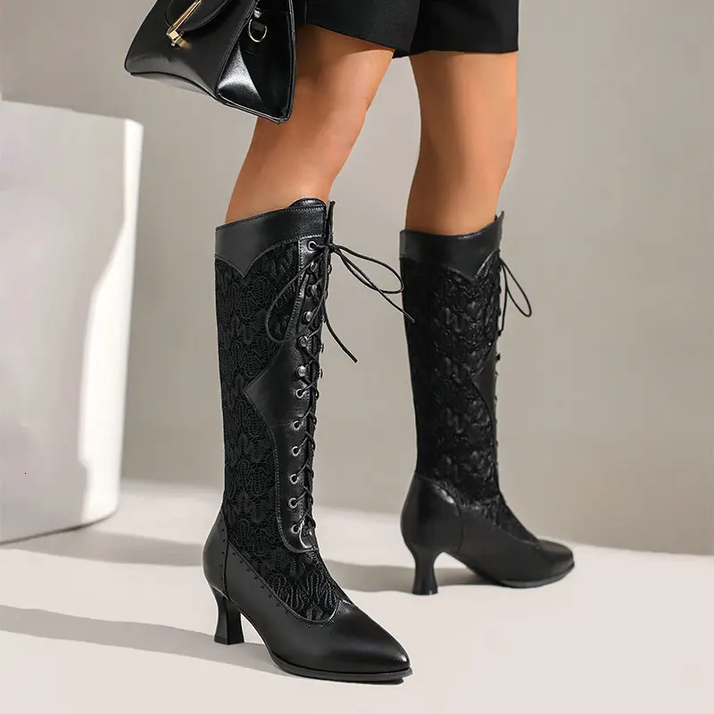 Women Vintage Victorian Boots Lace Up Long Boots Comfy Halloween Costume Characters Alice Wonderland Inspired Cosplay Shoes 240615