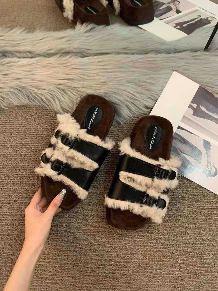 Korean Fashion Ins Niche Retro Furry Slippers Women Wear 2023 Autumn/winter New Thick Soles