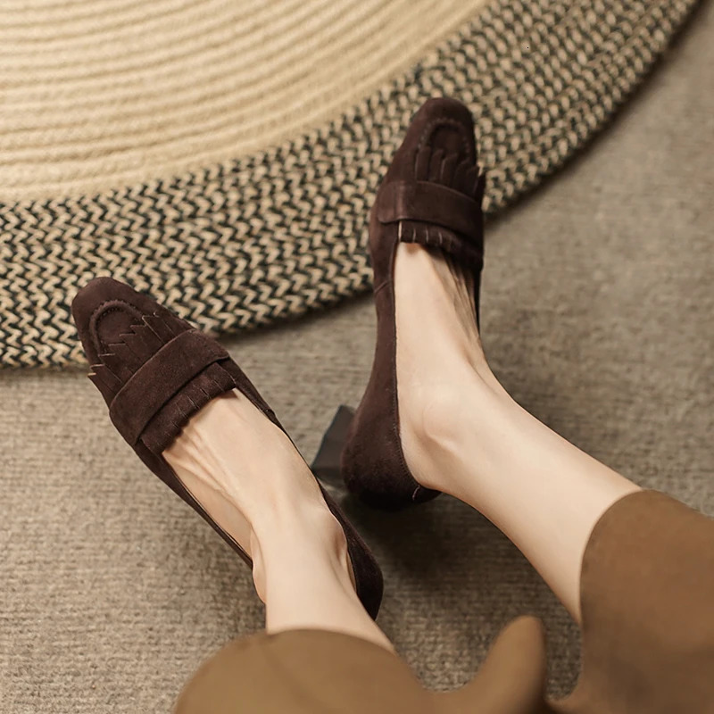 Spring Women Shoes Square Toe Square Heel Women Pumps Genuine Leather Shoes for Women Casual Retro Tassels Handemade Shoes 240615
