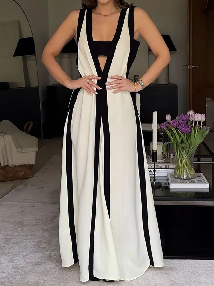 Women Casual V Neck Hollow Out Dress Elegant Female Solid Patchwork Backless Summer Sleeveless Maxi Vestidos 240615