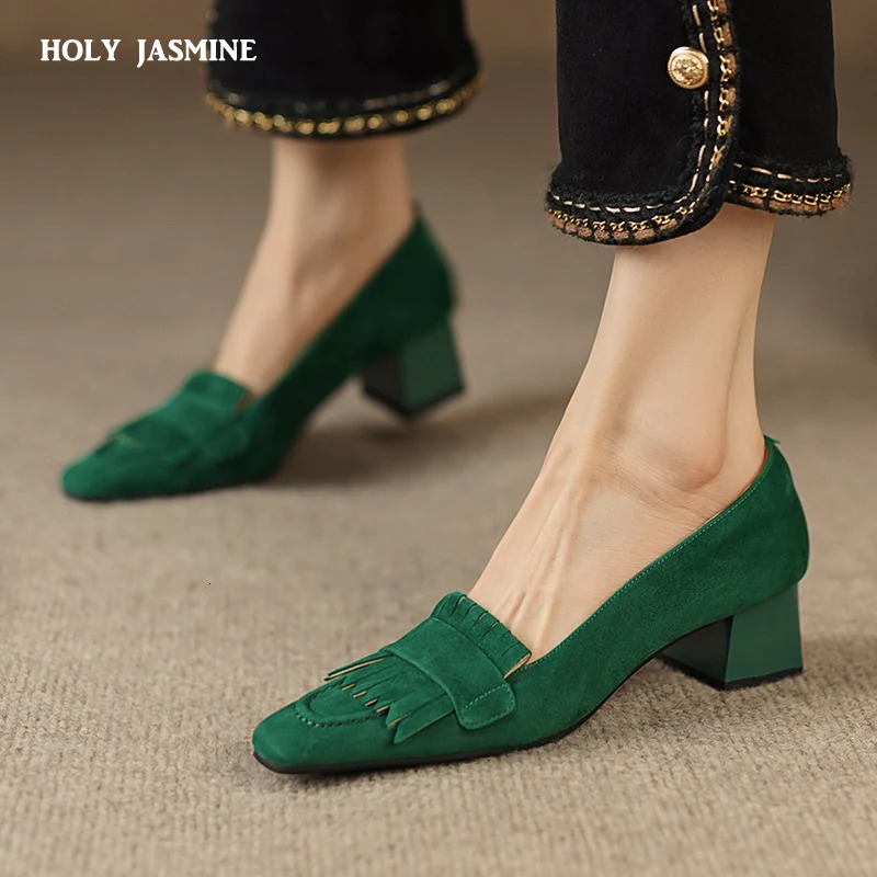 Spring Women Shoes Square Toe Square Heel Women Pumps Genuine Leather Shoes for Women Casual Retro Tassels Handemade Shoes 240615