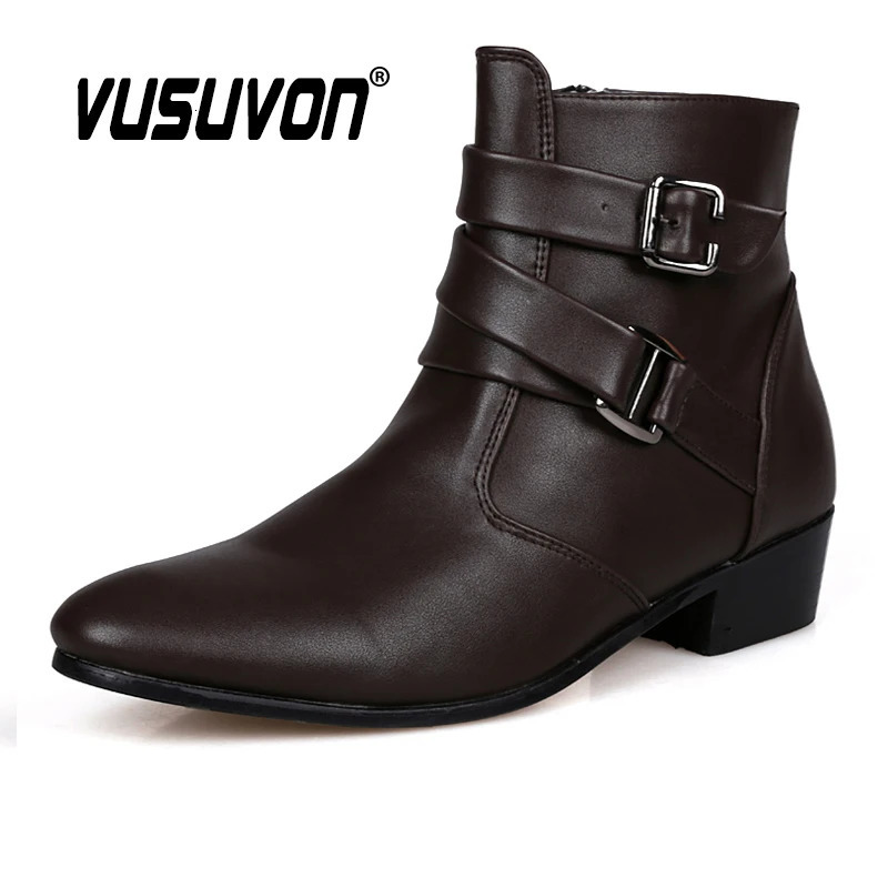VUSUVON Fashion Men Spring Autumn Pointed Toe Height Increase Chelsea Ankle Boots Western High Top Casual Shoe PU Leather 240615