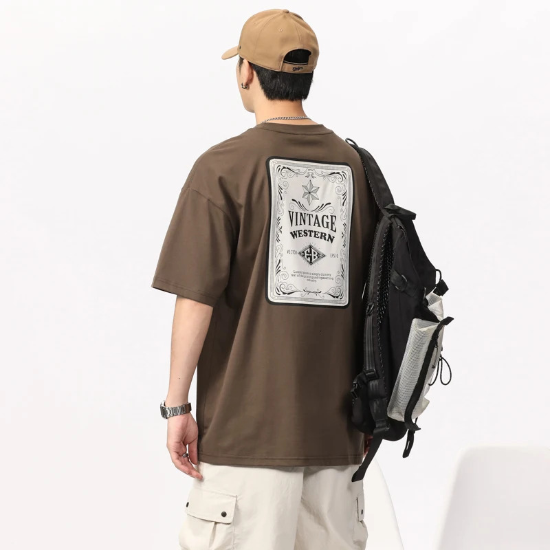Street highend American Korean loose cotton mens Tshirt combed washed printed casual round neck short sleeve 240601