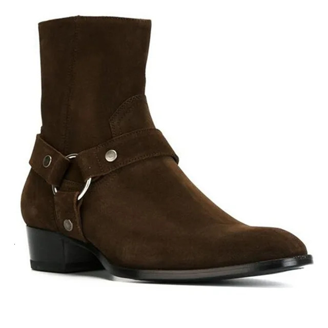 Suede Brown Leather Black Chains Harness Buckle Stacked Heel Anke Side Zip Men Fashion Boots Shoes 240615
