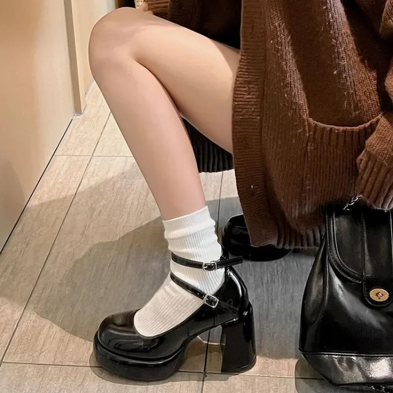 High Heels Womens Spring Autumn Pumps Shoes Red Black Retro Thick Soled Mary Jane Shoes Ankle Buckle 9cm Chunky Heels Women 240615