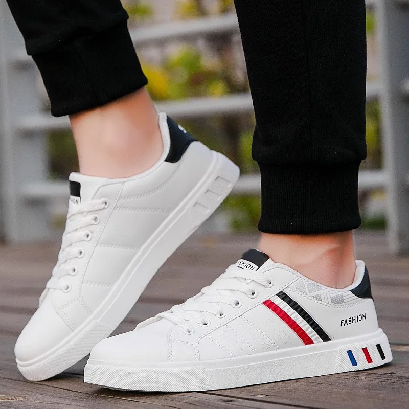 Men Korean Trend Fashion Lace Up All-match PU Leather Casual Comfortable Walking Board Shoes Chaussure Blanche 240615