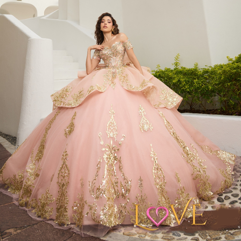 Pink Off the Shoulder Pearls Beading Ball Gown Quinceanera Dresses Sequined Gold Appliques Lace Corset Vestidos De 15 Anos