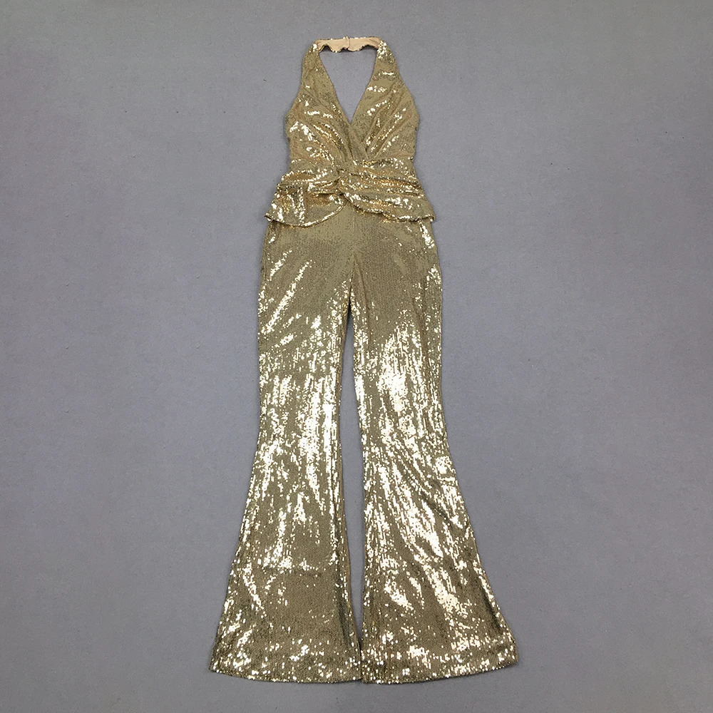 GORAFASHION Sequin Halter Bodycon Backless pants jumpsuits Slim Fit Sexy Elegant Sleeveless Evening Party Prom Dress 240615