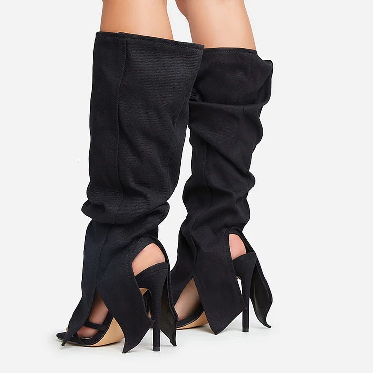 Black Folded Strap Boot Classic Square Toe Stiletto Heel Knee High Sandal Boots Summer Open Toe Cool Girl Party Casual Shoes 240615