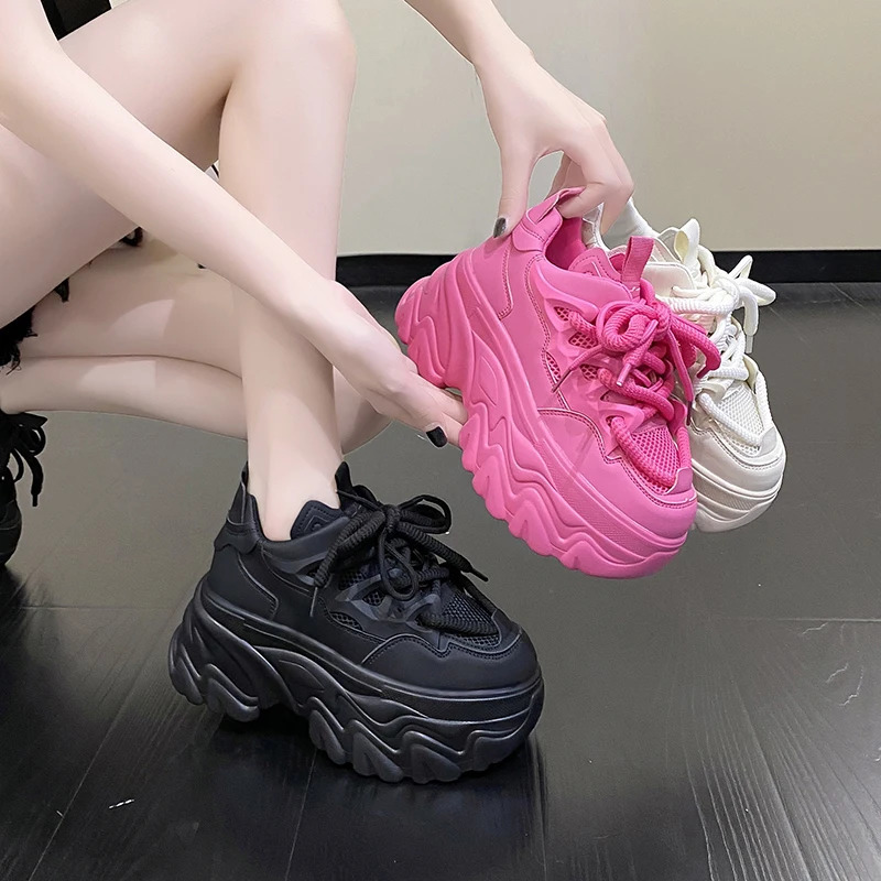 Hidden Heels White Chunky Sneakers Women Breathable Lace Up High Platform Shoes Woman Autumn Non-Slip Thick Bottom Sneakers 240615