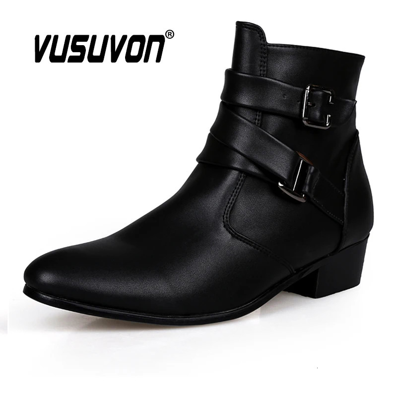 VUSUVON Fashion Men Spring Autumn Pointed Toe Height Increase Chelsea Ankle Boots Western High Top Casual Shoe PU Leather 240615