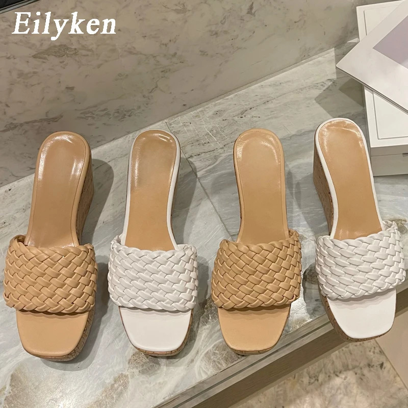 Eilyken Wedges Weave Women Slippers Summer Super High Heels Shoes Sexy Platform Open Toe Wood Grain Ladies Sandals 240615
