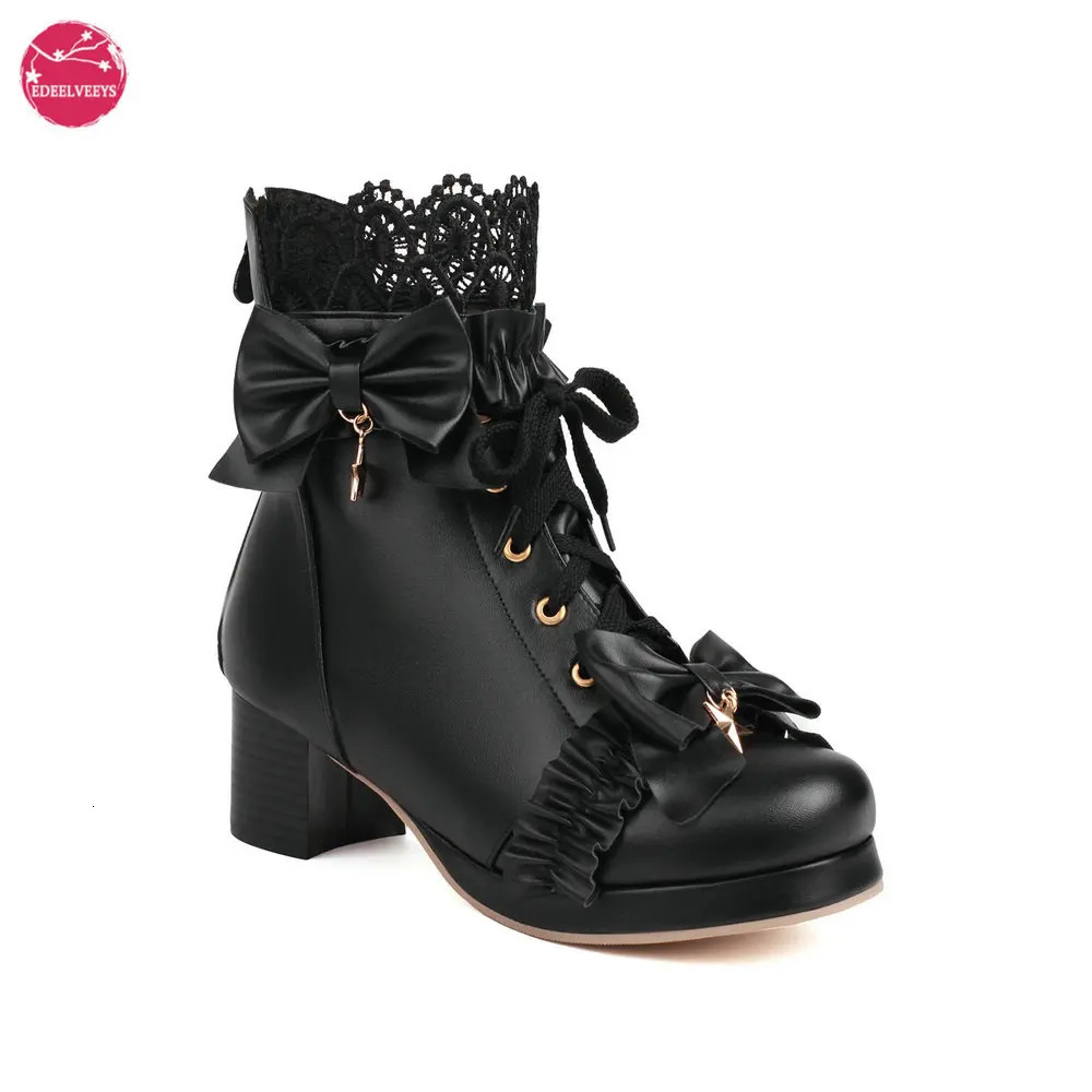 Women Platform Boots Lace Up Back Zipper Chunky Heel Ankle Booties Bow Cosplay Spring Autumn Shoes Five Pointed Star Pendant 240615