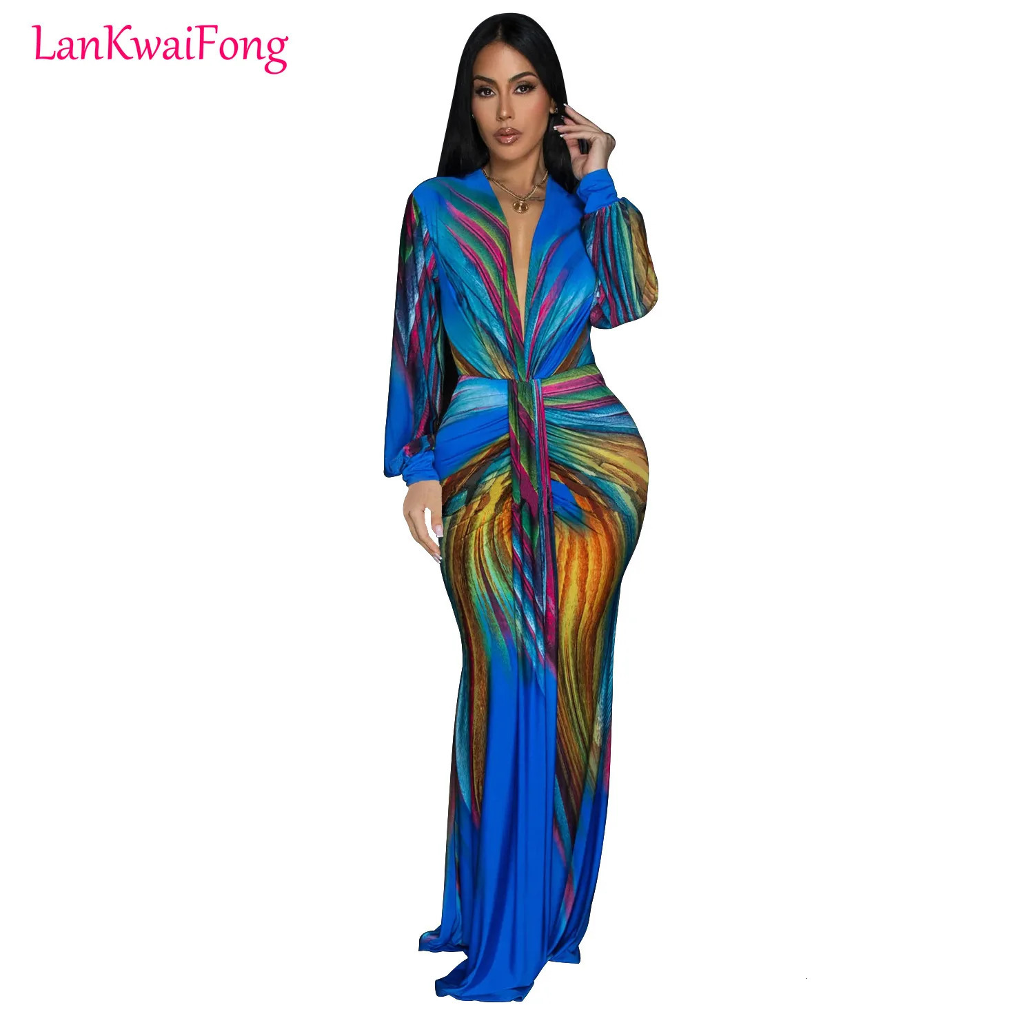 LKF Fashion Dinner Party Long Dress Womens Colorful Printed Waist Slim Fit Wrinkle Sleeve Evening Wholesale 240615