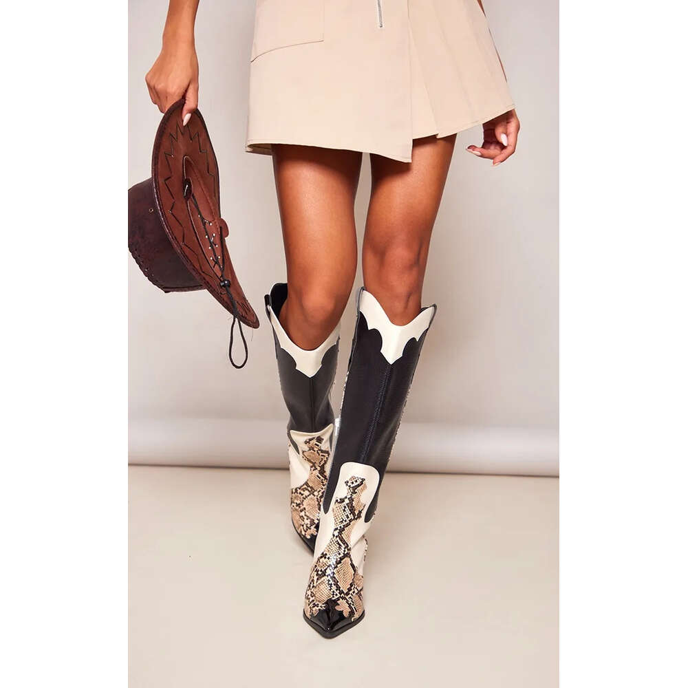 Women Western Female High Heel Leather Shoes Knee-High Cowboy Boots Stylish Autumn Vintage Long Tube Knight Boot 44