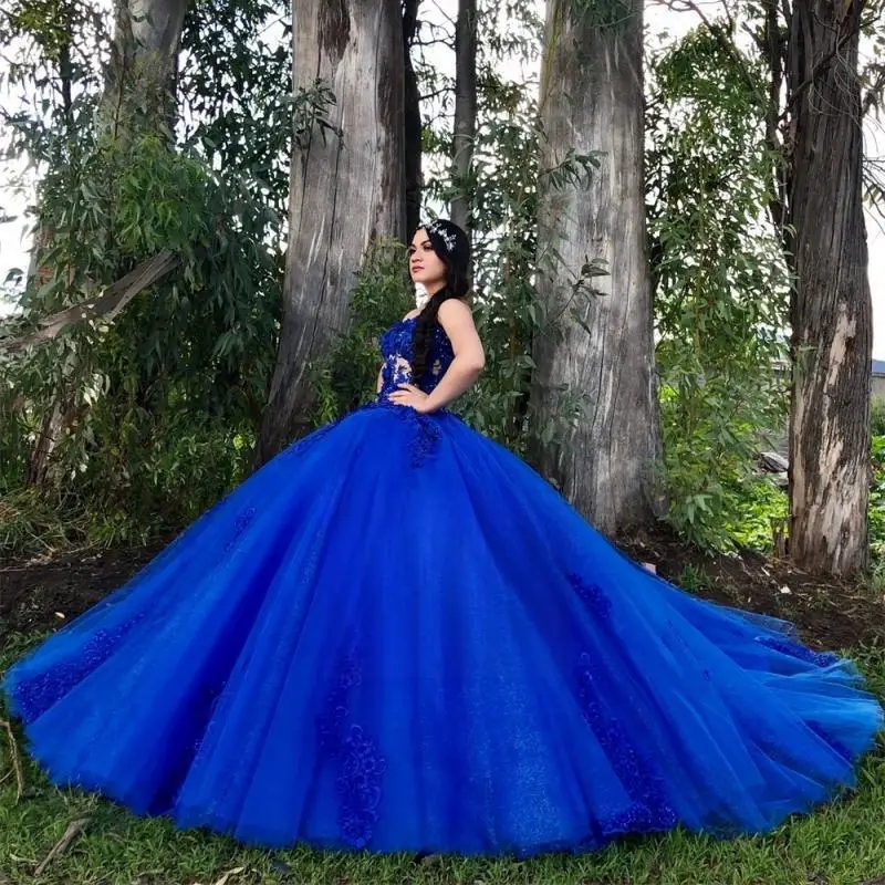 Royal Blue Shiny Quinceanera Dresses Off The Shoulder Appliques Lace Beads Tull Chapel Train Prom Gowns Vestidos De 15 Anos