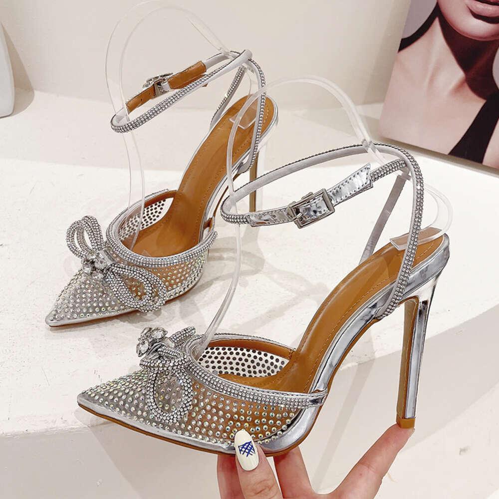 35-42 Sandals Heels Fashion Sier Butterfly-knot 2024 Narrow Band Bling Cross-tied Crystal Pointed Toe Pumps Women Shoes