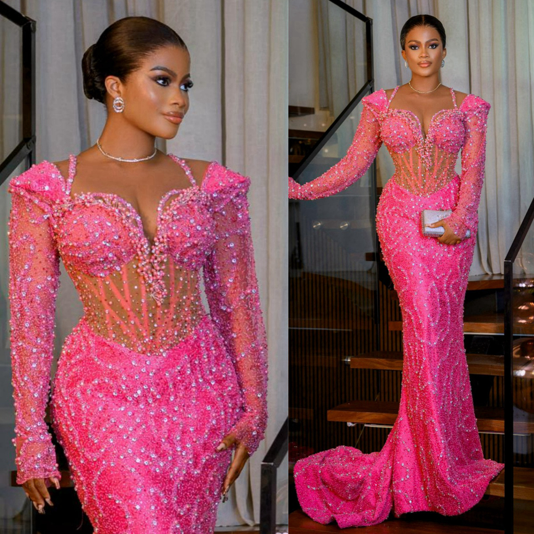 2024 Aso Ebi Fuchsia Prom Dresses for Black Women Promdress Evening Dresses Elegant Illusion Long Sleeves Beaded Lace Sparkling Birthday Reception Gow