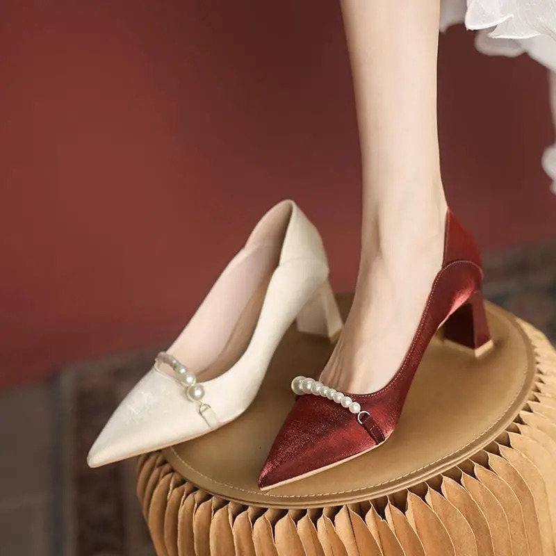 High Women Red Shoes for Heels Ladies Summer Footwear Sexy Pumps Bride Pearl Wedding Shoe on Heeled Beau Today Lastest A E