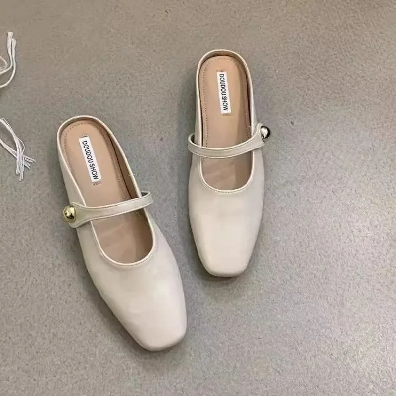Soft Leather Ins Silver Buckle Strap Casual Shoes Fashion flats elegant glitter metallic mules shoes cover Toe Slippers 240615