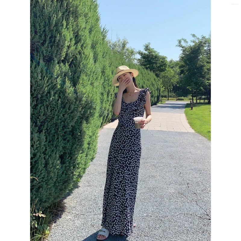 Casual Dresses Pretty 2024 Ruffled Collar Women Fashion Daisy-print Dating Long Dress