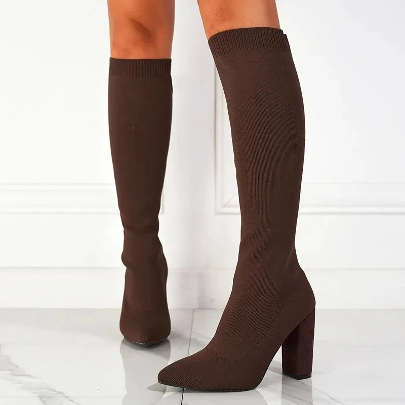 Liyke Green Women Cozy Knitting Stretch Fabric Knee High Boots Fashion Square Heels Autumn Winter Sock Long Shoes Booties Female 240615
