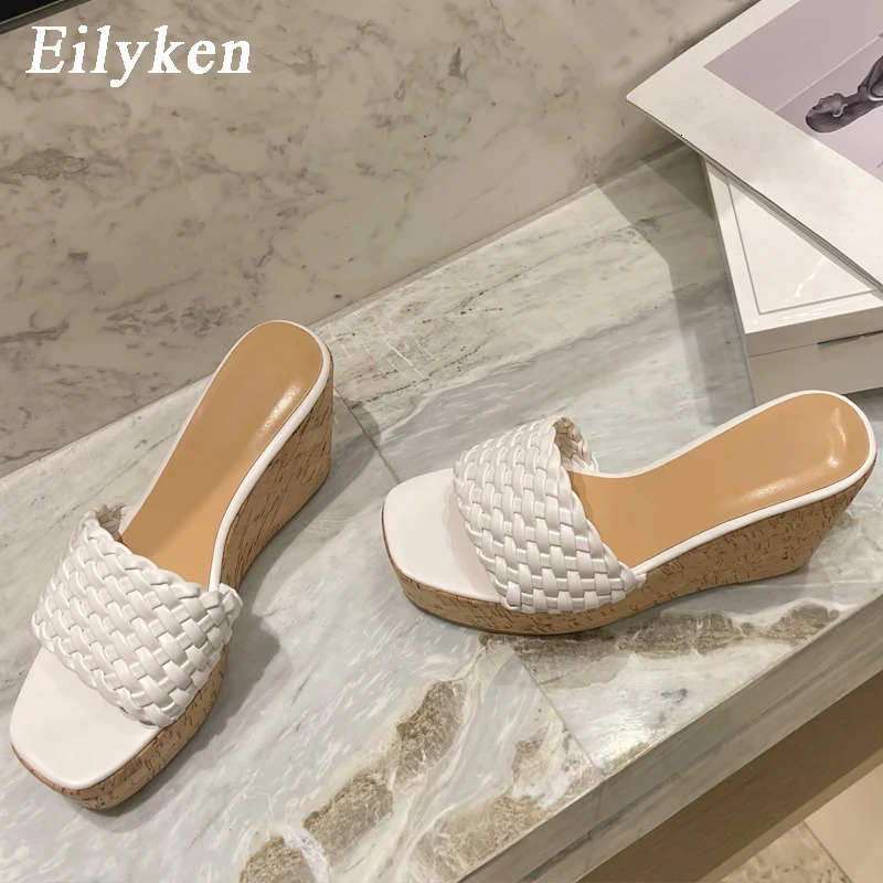 Eilyken Wedges Weave Women Slippers Summer Super High Heels Shoes Sexy Platform Open Toe Wood Grain Ladies Sandals 240615