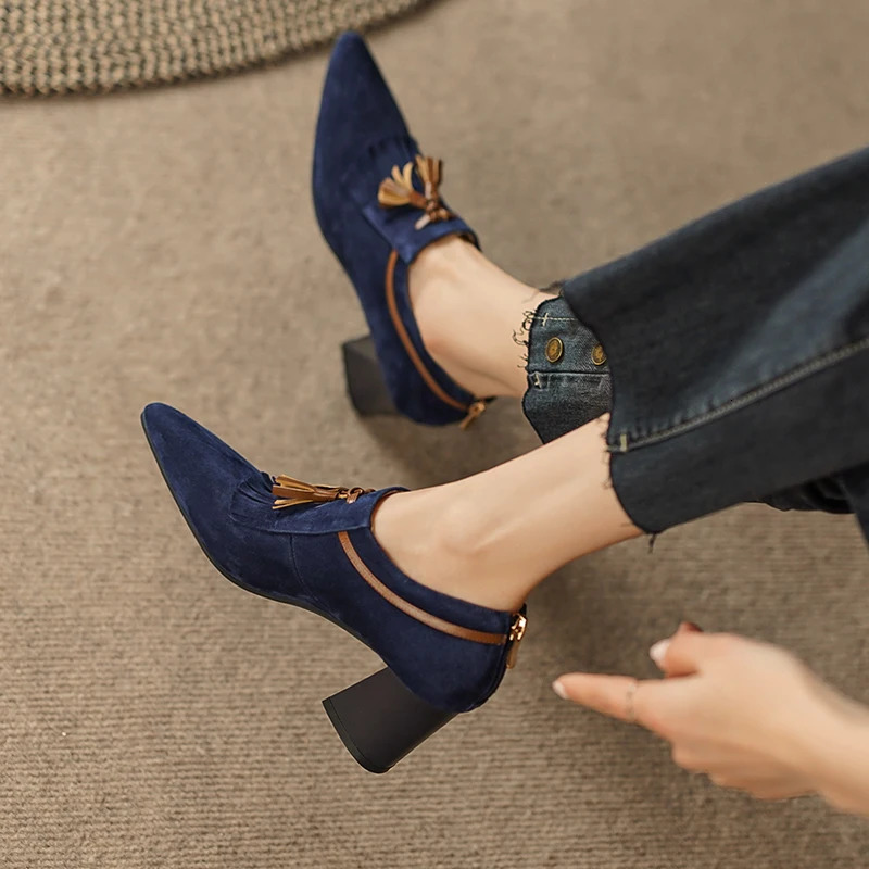 Spring Women Shoes Pointed Toe Chunky Heel Women Pumps Sheep Suede High Heels Belt Buckle Shoes for Women zapatos de mujer 240615
