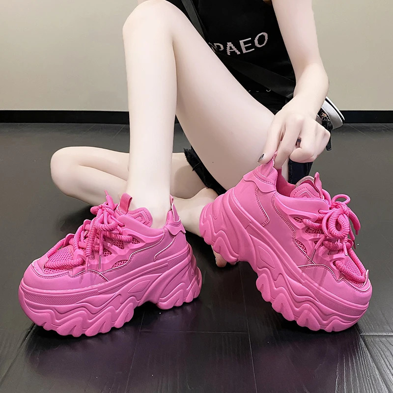 Hidden Heels White Chunky Sneakers Women Breathable Lace Up High Platform Shoes Woman Autumn Non-Slip Thick Bottom Sneakers 240615