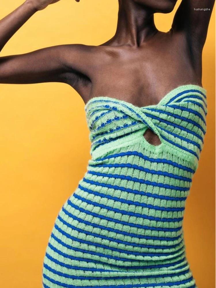Casual Dresses Strapless Stripe Knitted Women Hollow Out Summer Sleeveless Sexy Backless Bodycon Y2k Dress Mini Vintage
