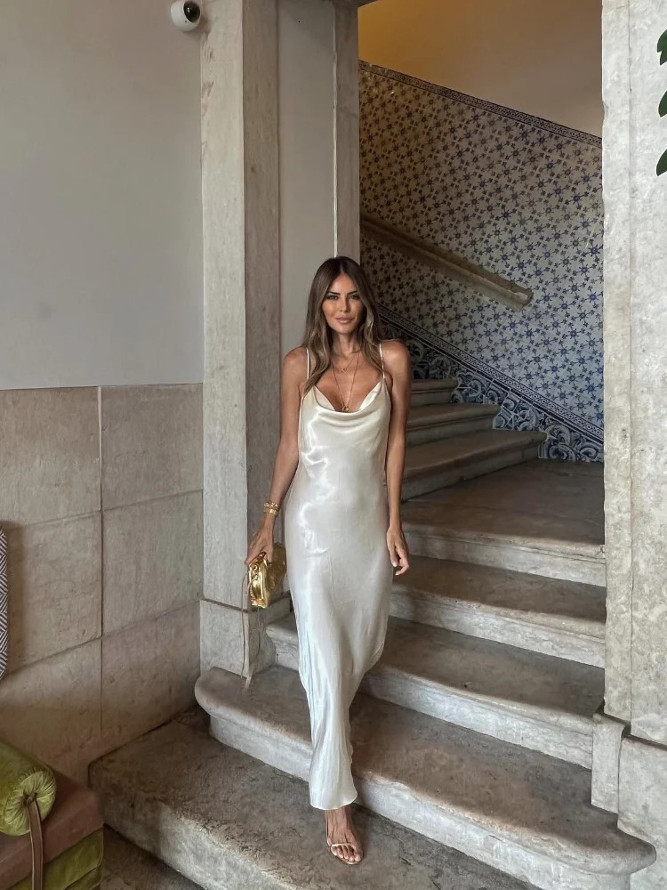 Fashion Solid Satin Backless Dress For Women Sexy Sleeveless Sling Bodycon Long Dresses Female Beach Party Vacation Vestidos 240615