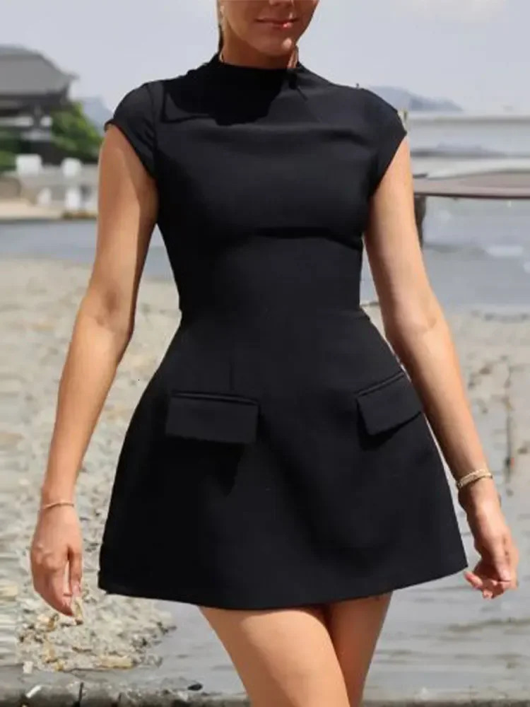 Women Elegant Slim Solid Pockets Mini Dress Fashion Oneck Short Sleeve Aline Dresses Office Lady Chic Commuting Robes 240615