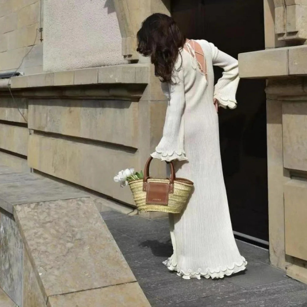 Women WaveEdge Backless Dress Vintage Round Neck Long Sleeve Waist Pencil Dresses Lady Elegant Vacation Party Streetwear