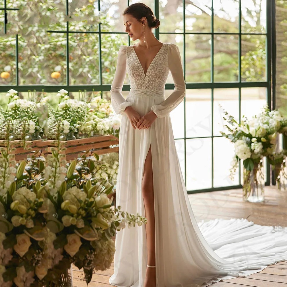 Bohemian Wedding Dress 2024 V Neck Long Sleeves Lace Appliques A-Line Chiffon Princess Bride Gown Vestidos De Novia Custom Made