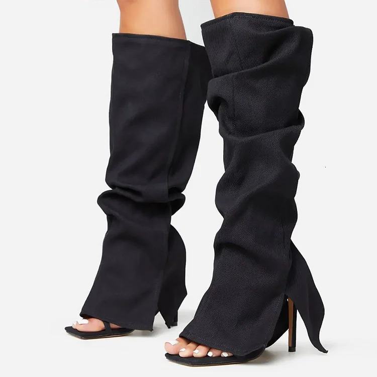 Black Folded Strap Boot Classic Square Toe Stiletto Heel Knee High Sandal Boots Summer Open Toe Cool Girl Party Casual Shoes 240615